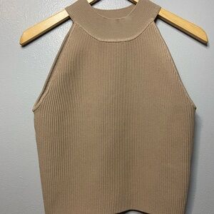 Elegant Sleeveless‎ Ribbed Tank Top in Beige
